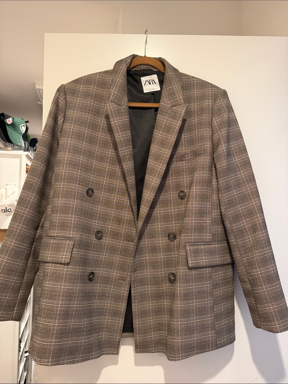 Zara Double-Breasted Plaid Blazer in Brown and Gray
